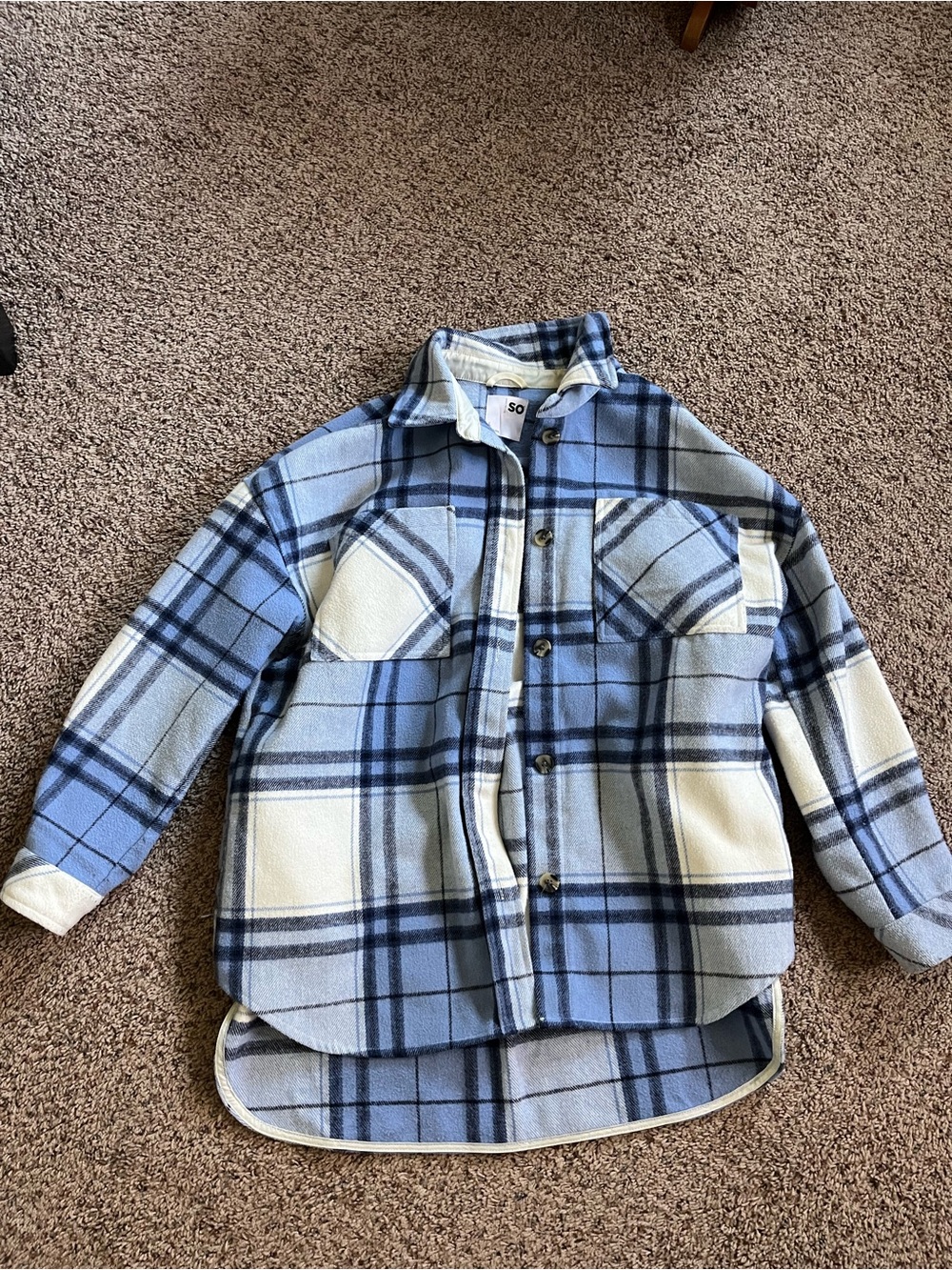 SO Light Blue & White Plaid Button-Up Shacket